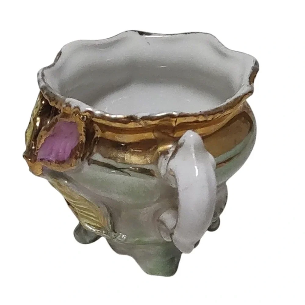 Vintage Bone China Demitasse Cup Green Pink Raised Flowers Footed Two Inches SEE